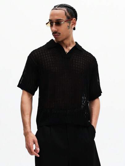 SUMWON Oversized Short Sleeve Knit Polo Shirt With Open Weave Texture And Collared Neckline Summer Casual Everyday