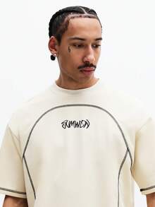 SUMWON Oversized Short Sleeve Crew Neck T-Shirt With Large Circular Contrast Stitching And Text Print - Apricot - View 4