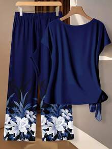 Rusticease Casual Vacation Style Blue Tie Bow Loose Blouse Paired With Navy Blue Base White Floral Print Straight Loose Pants 2-Piece Set, Suitable For Spring/Summer, Exclusive Spring - Multicolor - View 3