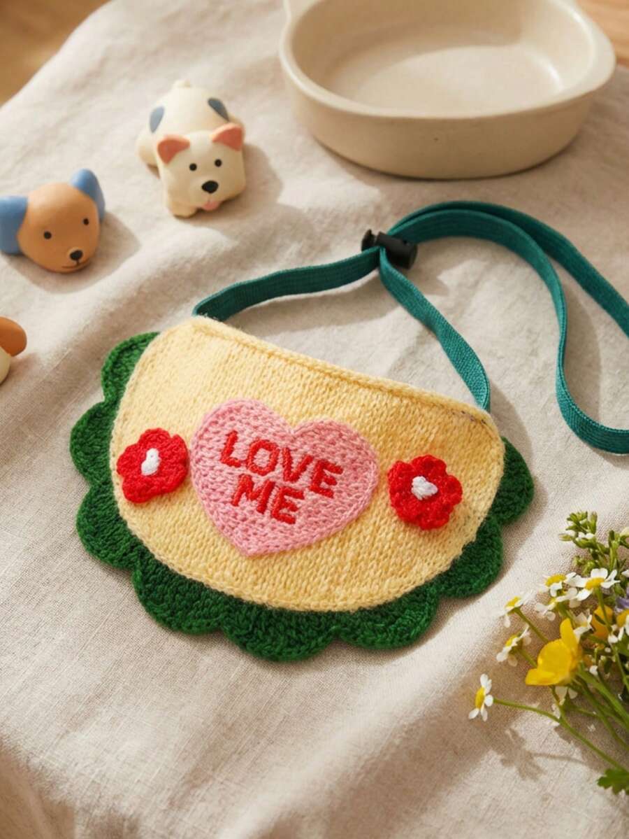 PETSIN Green Heart Pet Bandana With "LOVEME" Letter And Floral Embroidery, Cute Cartoon, Knit Pet Square Scarf