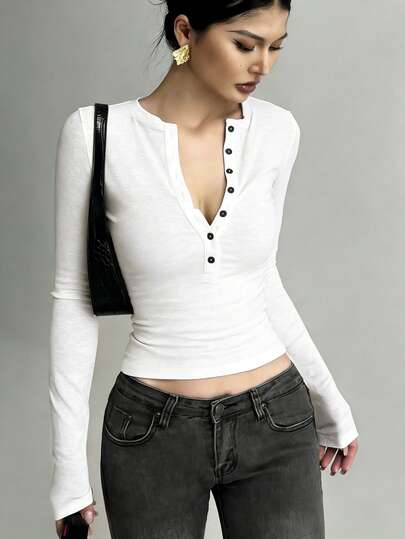 DAZY Women's Half-Zip Long Sleeve Bodycon T-Shirt