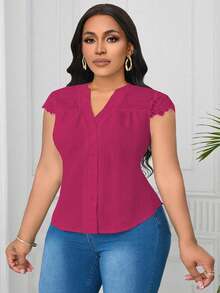 SHEIN Clasi Plus Size Contrast Lace V-Neck Textured Fabric Blouse - Hot Pink - View 6