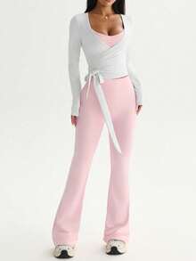 Sovereign Charm 三件套女士运动套装，包括长袖T恤、可调节吊带背心和高腰喇叭裤，适合日常休闲穿着、跑步、瑜伽、健身、网球等各种运动，四季皆宜。 - 彩色 - 查看 4