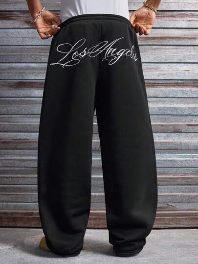 AXEPEAK Men's Letter Print Drawstring Waist Pockets Wide Leg Loose Sweatpants