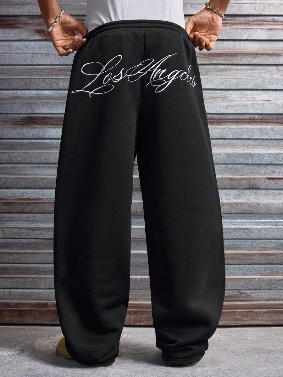 AXEPEAK 男士字母印花抽绳腰带口袋阔腿宽松运动裤 - 黑色 - 查看 1