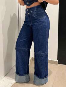 Jeanoix Quần jeans ống rộng cạp đôi dáng casual dành cho nữ, chất liệu wash nhẹ. - Màu xanh lam - Xem 4