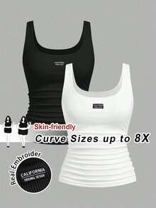 SHEIN CURVE+ 两件套加大码女式休闲圆领免烫紧身背心，一件白色背心和一件黑色背心，适合日常穿着，百搭，加州分会裤装 - 黑與白 - 查看 1