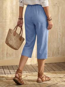 EMERY ROSE 女士纯色抽绳腰带口袋休闲七分裤 - 淺色水洗藍 - 查看 5