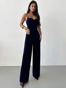 Firerie 女士优雅、精致、浪漫、性感、独特的时尚新年、情人节、节日派对、舞会不对称设计高腰丝绒酒红色阔腿连体裤 - 藏蓝色 - 查看 4