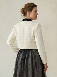 MOTF PREMIUM 加大码粗花呢蝴蝶结撞色修身优雅夹克 - 黑與白 - 查看 3