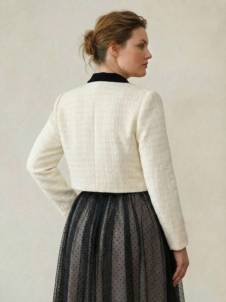 PLUS SIZE TWEED BOW CONTRAST COLOR BOXY SOPHISTICATED ELEGANT JACKET