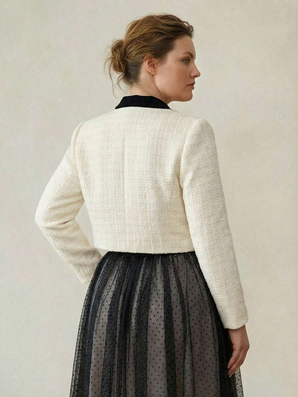 PLUS SIZE TWEED BOW CONTRAST COLOR BOXY SOPHISTICATED ELEGANT JACKET