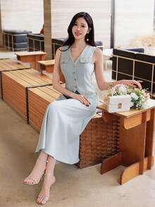 DAZY 女士优雅纯色仿口袋背心半裙两件套，春夏婚礼宾客礼服 - 藍色 - 查看 9