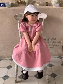 DAZY Đầm kiểu Hàn Quốc dễ thương cho bé gái, cổ Peter Pan, thêu hình thỏ hoạt hình, thích hợp cho mùa xuân/thu. - Đỏ - Xem 9