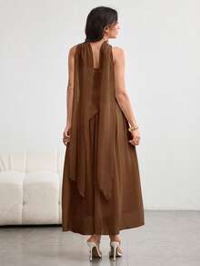 Modelyn 女士不对称荷叶边下摆无袖连衣裙，配围巾领，优雅迷人，春夏款 - 棕色 - 查看 2