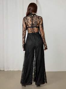 SHEIN PETITE 2025款，适合5-15℃，可叠穿，现代都市风格，黑色蕾丝面料，收腰修身剪裁，女士长裙，优雅百搭，适合日常穿着，新款春夏/夏季派对连衣裙 - 黑色 - 查看 3