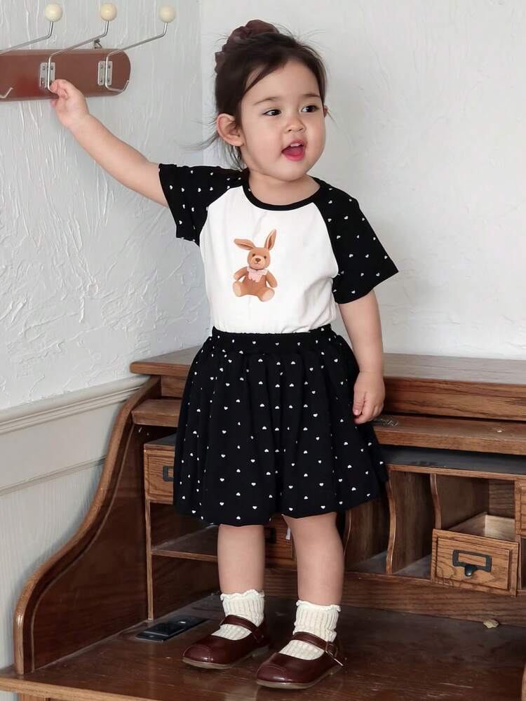 2pcs Baby Girls' Contrast Color Raglan Sleeve T-Shirt And Pants Set Summer Toddler Girls Clothes