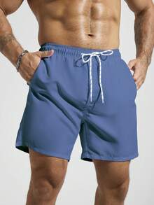 Zalmeno Quần short nam trơn màu, có dây rút, kiểu dáng thường ngày, thích hợp đi biển. - Xanh đậm - Xem 3