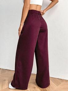SHEIN EZwear 大码酒红色条纹休闲裤 - 酒紅色 - 查看 2
