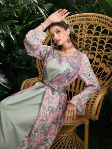 Al Najma 女士春夏梭织数码印花优雅阿拉伯风格收腰连衣裙 - 彩色 - 查看 1