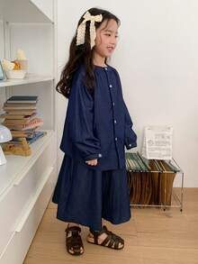 DAZY 2件套 女童（小号）休闲圆领长袖韩版衬衫和裙子套装 - 藍色 - 查看 1