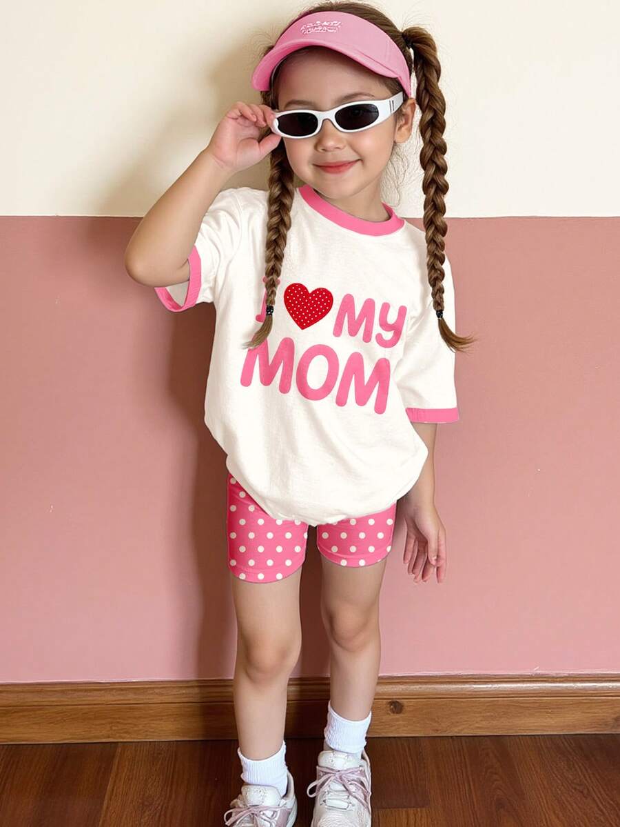 SHEIN Bộ đồ thể thao nữ dễ thương gồm áo thun ngắn tay cổ tròn dáng rộng thoải mái in chữ và quần short bó sát, thích hợp mặc hàng ngày vào mùa xuân/hè, phong cách đường phố, ở nhà hoặc đi nghỉ mát. - Nhiều màu - Xem 1