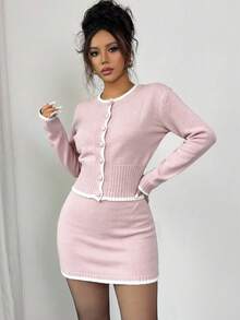 Elenzga 2pcs/Set Women Elegant Round Neck Long Sleeve Cropped Knit Sweater + Bodycon Skirt, Spring/Autumn - Pink - View 4