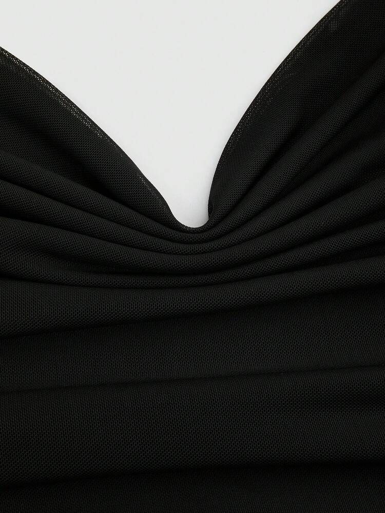 Sweetra Robe ajustée dos nu avec encolure drapée sexy style Y2K, boucle métallique, garniture plissée à volants, couleur unie - Noir - Voir 9