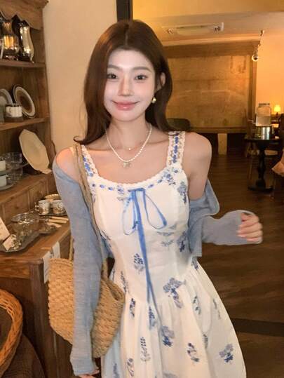 DAZY 2件套 女士花卉刺绣韩式蝴蝶结连衣裙和开衫