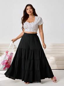 SHEIN EZwear Quần palazzo dài size lớn màu đen phong cách boho mùa hè cho kỳ nghỉ, dáng rộng thoải mái, cạp chun, gấu xếp tầng bèo nhún, phù hợp đi tiệc, hẹn hò và du lịch - màu đen - Xem 1