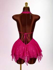 Amplova Đầm ngắn kiểu dáng ngọt ngào và sành điệu, cổ chữ V sâu, hở lưng, phối ren, vạt bất đối xứng, phong cách đường phố dành cho các bé gái. - Màu Hồng Tươi - Xem 3