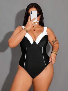 Shapewave 大码优雅夏季度假沙滩显瘦显瘦黑白撞色胸部支撑连体泳衣 - 黑與白 - 查看 4