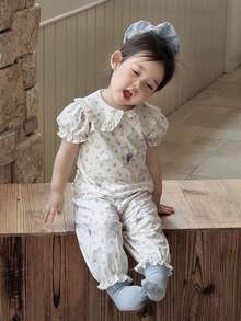 DAZY 2pcs Baby Girls' Peter Pan Collar Cartoon Print Long Sleeve T-Shirt & Ruffle Trim Pants Comfortable Homewear Set, Korean Style Toddler Girls Clothes - Beige - View 7