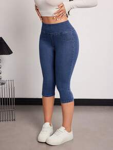 SHEIN Tall 春夏女士休闲水洗修身七分牛仔裤 - 深色水洗藍 - 查看 6