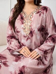 Al Najma Maxikleid in Große Größen für Damen mit Blume Muster, V-Ausschnitt und Langarm im türkischen und arabischen traditionellen Stil - Verschiedenfarbig - Übersicht 8