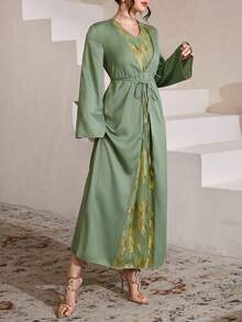 Al Najma 女士绿色编织镂空系腰优雅阿拉伯风格连衣裙，春夏款 - 綠色 - 查看 6