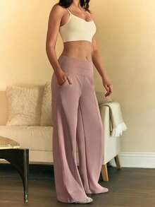 GLOWMODE 30'' Modal Fleece Wide Leg High Waist Adjustable Drawstring Waist Joggers Pants With Side Pockets Daily Casual - Dusty Pink - View 5