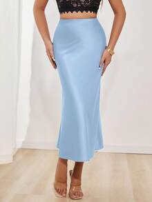 Glamine Plain Baby Blue Satin A Line Long Skirt With Zipper Detail For Parties - Baby Blue - View 6