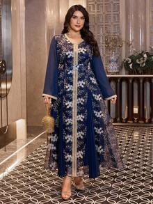 Layrah Robe longue en organza à manches longues avec insert plissé, coupe ample avec ceinture à la taille, col V, broderie élégante, style arabe et turc, pour femmes grandes tailles - Bleu marine - Voir 7