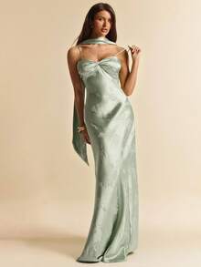 SHEIN BAE Spring & Summer Solid Light Green Halter Maxi Elegant Satin Dress, Graceful Long Dress, Brunch Dress, Wedding Guest Attire, Birthday Mini Dress, Bridesmaid Elegant Mini Dress, Date Dress, Valentine's Day, Tea Party Dress, Brunch Dress, Graceful Dress - Green - View 6