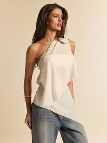 SHEIN BAE 不对称杏色雪纺透视露肩露背女式上衣，优雅雪纺透视上衣，适合外出、度假、海滩、婚礼宾客、早午餐等场合。 - 杏色 - 查看 3