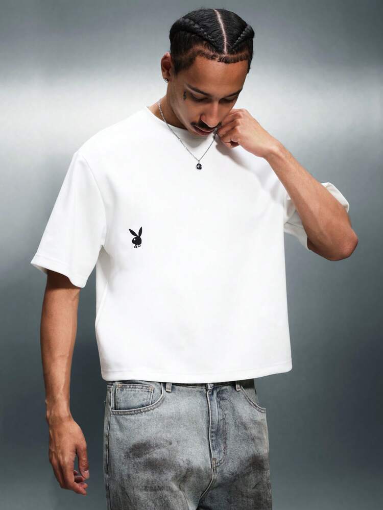PLAYBOY X SUMWON Men's Cropped Fit Crew Neck Short Sleeve T-Shirt With Small Black Logo Chest Print Casual Summer Top