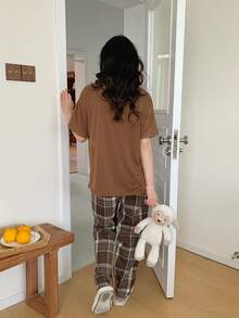 2件套少女休闲宽松落肩短袖上衣和复古格子裤家居服套装 - 咖啡棕 - 查看 2