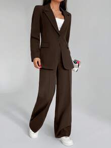EURMUSE Bộ quần áo hai mảnh màu trơn dành cho nữ, gồm áo blazer và quần dài. - Cà phê nâu - Xem 7