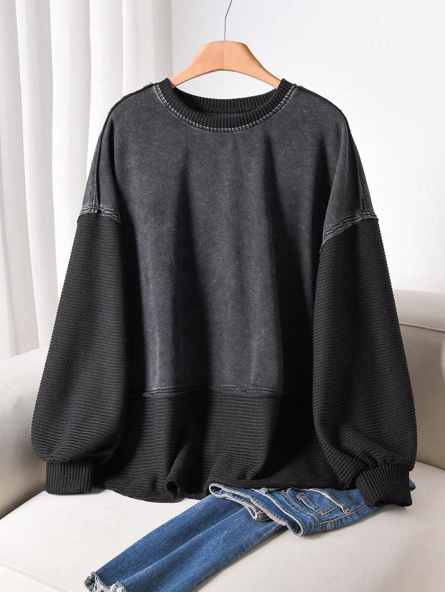 CosyJoli Áo sweatshirt nữ cỡ lớn dáng rộng, vai rớt, cổ tròn, phối màu, thích hợp mặc hàng ngày đi làm, dạo phố, mùa xuân/thu. - màu đen - Xem 1
