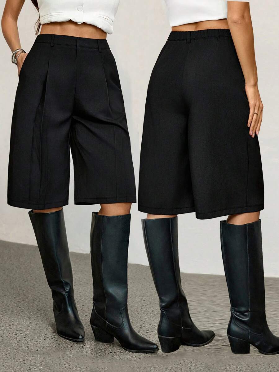 SHEIN Tall Casual Black Woven Fabric Bermuda Shorts For Women Zipper Detail Straight Leg Mid-Length - Black - View 1