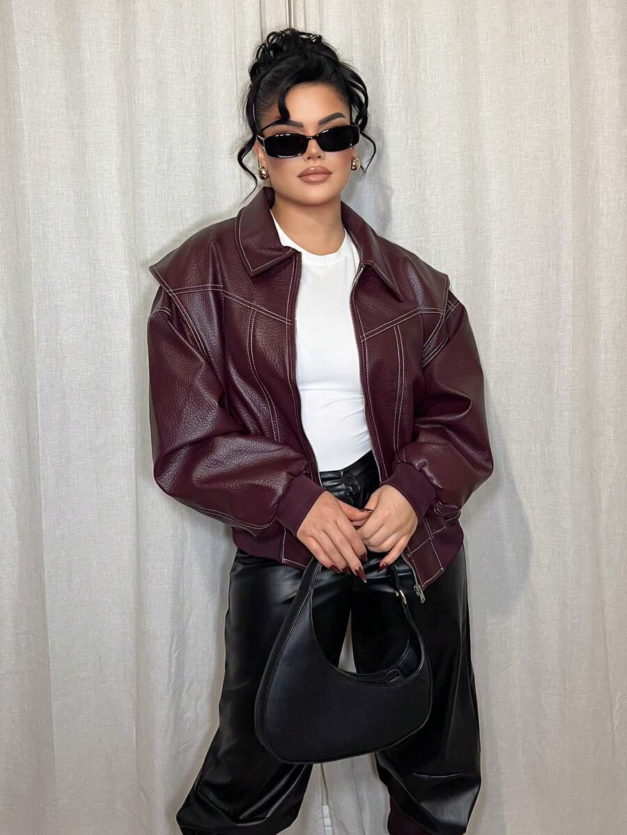 Dayanna Comas 女式纯色长袖拉链领休闲 PU 皮夹克，秋季，女式皮夹克，酒红色皮夹克，超大皮夹克 - 酒紅色 - 查看 1