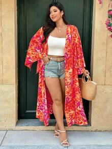 Ceyna Plus Size Boho Multicolor Random Print Long Kimono Sleeve Woven Fabric Belted Long Coat Fall - Multicolor - View 4