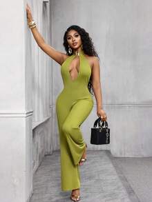 Lureya Women's Fashion Sexy Front Hollow Lace-Up Backless Jumpsuit, Straight Leg Wide Leg Pants, Suitable For Evening Gala, Party