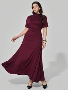 Maija Plus Size Women Burgundy Solid Stand Collar Short Sleeve Ruched Pleated Elegant Maxi Dress, Summer Wedding Party Beach Vacation Casual Outfit - Brown - View 6